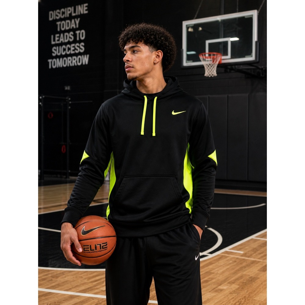 Nike Therma-FIT Mens Hoodie Black‎ Neon Volt Green Basketball Pullover Large